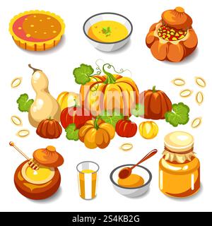 Köstliches Essen und ungewöhnliche Gerichte aus reifem Kürbisset. Süßer Haferbrei, heiße Suppe, zähflüssige Marmelade im Glas, frittierte Samen und erfrischender Saft im Glas isolierte Karikaturvektor Illustrationen Set.. Köstliche Speisen und Gerichte aus Kürbisset Stock Vektor