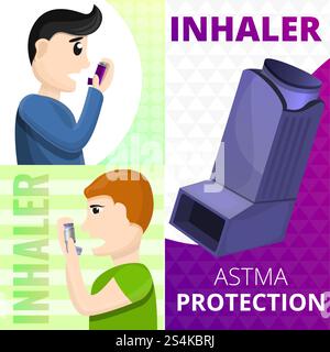 Inhalator-Bannerset. Zeichentrickillustration des Inhalator-Vektor-Bannersatzes für Web-Design. Inhalator-Banner-Set, Cartoon-Stil Stock Vektor