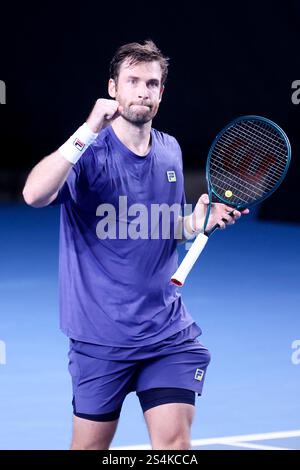 Melbourne, Victoria, Australien. Januar 2025. MELBOURNE, AUSTRALIEN – 12. JANUAR: Quentin Halys aus Frankreich feiert den Sieg über Adam Walton aus Australien am ersten Tag der Australian Open 2025 im Melbourne Park am 12. Januar 2025 in Melbourne, Australien. (Kreditbild: © Chris Putnam/ZUMA Press Wire) NUR REDAKTIONELLE VERWENDUNG! Nicht für kommerzielle ZWECKE! Quelle: ZUMA Press, Inc./Alamy Live News Stockfoto