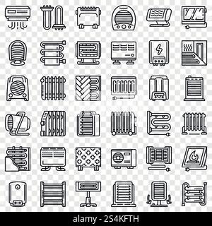 Symbolgruppe elektrische Heizung. Skizzieren Sie einen Satz von Vektorsymbolen für elektrische Heizungen für das Webdesign. Symbolsatz elektrische Heizung, Umrissstil Stock Vektor