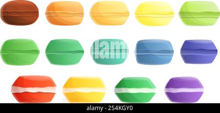 Makaronen-Symbole festgelegt. Zeichentricksatz von Makaronen Vektorsymbolen für Webdesign. Makronen-Symbole gesetzt, Cartoon-Stil Stock Vektor