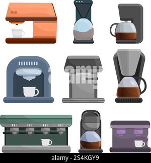 Symbol für Kaffeemaschine. Zeichentricksatz Kaffeemaschine Vektor-Symbole für Web-Design. Kaffeekocher-Symbol-Set, Cartoon-Stil Stock Vektor