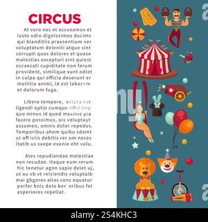 Fantastisches Poster für Zirkus-Promo mit Teilnehmern der Show und Ausrüstung. Weiblicher Jongleur und akrobat, männlicher Gewichtheber, lustiger Clown, Kaninchen im Kopf, ausgebildeter Löwe und gestreifte Zelt Vektorillustrationen. Fantastisches Poster für Zirkus-Promo mit Teilnehmern der Show und Ausrüstung. Stock Vektor