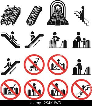 Rolltreppensymbole eingestellt. Einfacher Satz von Rolltreppen-Vektorsymbolen für Webdesign auf weißem Hintergrund. Rolltreppensymbole gesetzt, einfacher Stil Stock Vektor