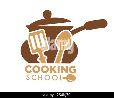 Kochende Schule Werbeemblem mit geräumigem Topf mit langem Griff und Holzbesteck isolierte Zeichentrickfilm flache Vektor-Illustration auf weißem Hintergrund. Logotype für kulinarische Kurse. Kochschule Werbeemblem mit Kochtopf und Besteck Stock Vektor