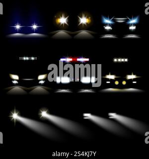 Kraftvolle Beleuchtung im Dunkeln. Frontscheinwerfer von gewöhnlichen und Polizeifahrzeugen mit verschiedenen Formen und Helligkeitsbereichen und farbig isolierten realistischen Vektorabbildungen auf schwarzem Hintergrund. Kraftvolle Lichter im Dunkeln realistische Illustrationen Stock Vektor