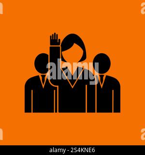 Abstimmung Dame mit Männer hinter Symbol. Schwarz auf Orange Hintergrund. Vector Illustration. Stock Vektor