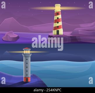 Leuchtturmküste Bannerset. Karikaturillustration des Leuchtturmküste Vektor-Bannersatzes für Webdesign. Leuchtturmküste-Banner-Set, Cartoon-Stil Stock Vektor