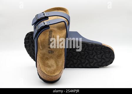 Bologna - Italien - 12. Januar 2025: Paar marineblaue Birkenstock Arizona Sandalen mit Korksohlen isoliert auf weißem Hintergrund. Stockfoto
