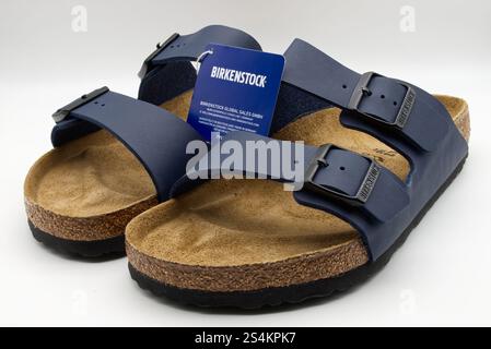 Bologna - Italien - 12. Januar 2025: Paar marineblaue Birkenstock Arizona Sandalen mit Korksohlen isoliert auf weißem Hintergrund. Stockfoto