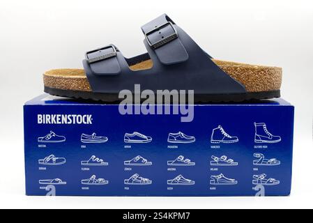 Bologna - Italien - 12. Januar 2025: Nahaufnahme eines Paar marineblauer Birkenstock Arizona Sandalen auf einem Schuhkarton mit verschiedenen Birken Stockfoto