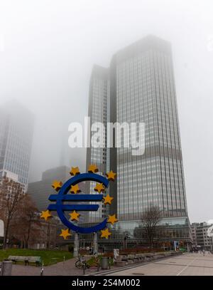 FRANKFURT (MAIN), DEUTSCHLAND - 1. DEZEMBER 2024: Die Euro-Schilderskulptur (€) auf dem Willy-Brandt-Platz in Frankfurt, Deutschland, mit Wolkenkratzern im Nebel Stockfoto