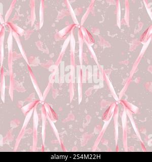 Nahtloses Muster mit rosafarbener Schleife auf gepunktetem Aquarellgrund. Haarbänder, Stoff im Coquette-Stil in Rautengitterdesign. Handgezeichnet Stockfoto