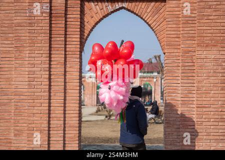 Srinagar, Indien. Januar 2025. Ein nicht einheimischer Mann sah, wie er an einem kalten Wintertag in der Nähe eines Parks Ballons verkaufte. Quelle: SOPA Images Limited/Alamy Live News Stockfoto