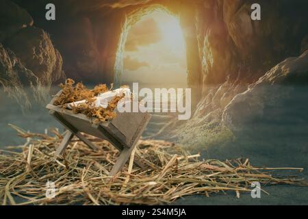 Geburt und Auferstehung Jesu Christi, Krippe in Bethlehem, leeres Grabmal mit Grabtuch, Religion und glaube des christentums, bibibische Geschichte Stockfoto