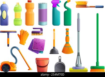 Symbole für Cleaner Equipment gesetzt. Zeichentricksatz von saubereren Ausrüstungsvektorsymbolen für Webdesign. Cleaner Equipment Icons Set, Cartoon Style Stock Vektor