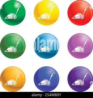Moderner Rasenmäher Icons Vektor 9 Farbsatz isoliert auf weißem Hintergrund für jedes Web-Design. Moderne Rasenmäher-Symbole setzen den Vektor Stock Vektor