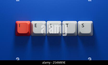 Zwischenablage mit IELTS-Text über Finanzdiagrammen. Geschäftsanalyse und Strategiekonzept. Nahaufnahme der Tasten der Computertastatur Stockfoto
