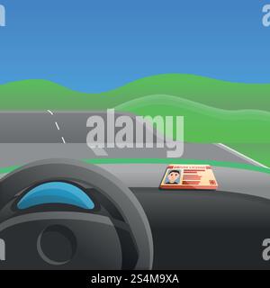 Hintergrund zum Konzept des ersten Autofahrens. Cartoon-Illustration des ersten Auto-Antrieb Vektor-Konzept Hintergrund für Web-Design. Hintergrund des ersten Autofahrkonzepts, Zeichentrickstil Stock Vektor