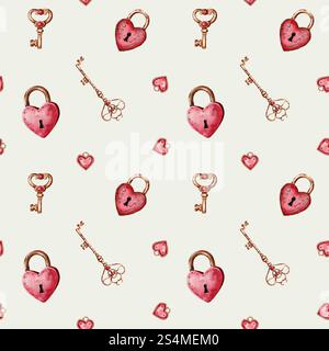 Valentinstag. Nahtloses Aquarellmuster mit zarten rosa Schlössern, Herzanhänger und goldenem Schlüssel. Design für Verpackung, Verpackung Stockfoto