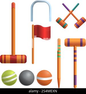 Croquet-Symbole eingestellt. Zeichentricksatz von Krocket-Vektor-Symbolen für Webdesign. Krocket-Symbole Set, Cartoon-Stil Stock Vektor