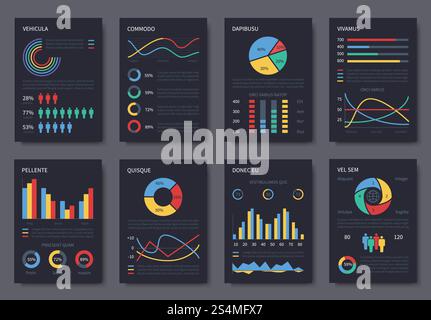 Mehrzweck-Vektor-Broschürenvorlage für Business-Infografiken zur Präsentation. Diagramme, Diagramme und Infografiken auf dunklen Seiten. Abbildung der Infografik-Daten, Diagramm-statistischer Vektor. Mehrzweck-Vektor-Broschürenvorlage für Business-Infografiken zur Präsentation. Diagramme, Diagramme und Infografiken auf dunklen Seiten Stock Vektor