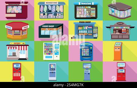 Kiosk-Symbole eingestellt. Flacher Satz von Kioskvektorsymbolen für Webdesign. Kiosksymbole gesetzt, flach Stock Vektor