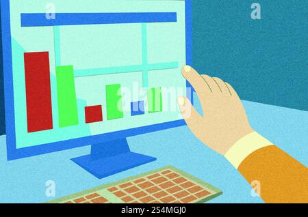 Eine Hand interagiert mit einem Computerbildschirm, der bunte Balkendiagramme und Liniendiagramme anzeigt, die die Datenanalyse darstellen. Der Arbeitsbereich ist mit einer Tastatur einfach Stockfoto