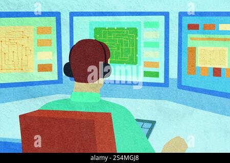 Ein Geschäftsexperte konzentriert sich auf die Analyse von Daten, die auf drei Monitoren angezeigt werden. Die Umgebung ist ein organisiertes Büro, das sich auf Technologie und Co konzentriert Stockfoto