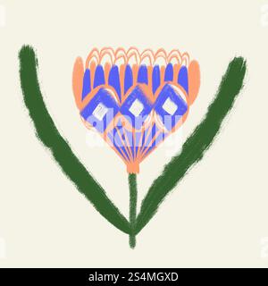 Eine lebendige digitale Illustration, die eine stilisierte Frühlingsblume mit orangefarbenen und blauen Blüten vor einem gedämpften grünen Hintergrund darstellt. Stockfoto