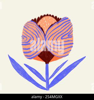 Eine farbenfrohe und abstrakte Illustration einer Frühlingsblume mit wirbelnden Mustern in Orange, Blau und Braun. Diese künstlerische Darstellung erinnert an Stockfoto
