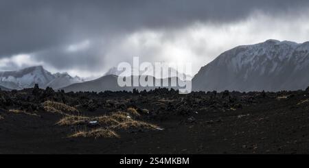 Majestätischer Panoramablick auf Islands Hochland mit vulkanischem Gelände und entfernten schneebedeckten Gipfeln unter einem stimmungsvollen, bewölkten Himmel strahlt die Szene eine wilde, Stockfoto