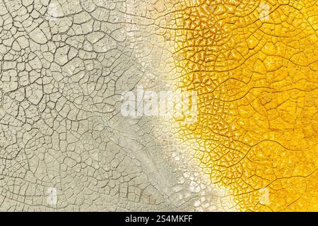 Eine Nahaufnahme von zerrissenem Schlamm mit auffälligen mehrfarbigen Mustern, mit lebhaftem Gelb auf der einen Seite und gedämpftem Grau auf der anderen Seite Stockfoto