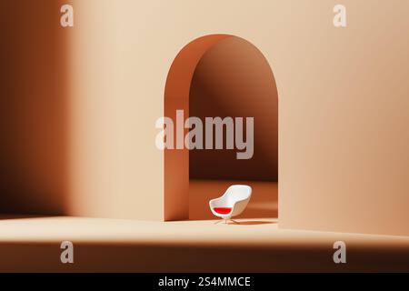 Eine minimalistische 3D-Komposition mit einem stilvollen Stuhl unter einem Bogengang. Der Hintergrund ist glatt mit weichen geometrischen Formen, wodurch ein SER entsteht Stockfoto
