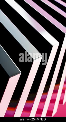 Ein beeindruckendes 3D-Rendering, das eine abstrakte Komposition aus Metallic- und Kristallelementen in einem geometrischen Muster zeigt. Die reflektierenden Oberflächen schaffen eine Zukunft Stockfoto
