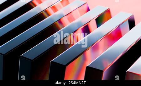 Ein atemberaubendes 3D-Rendering mit schlanken Metallstäben und farbenfrohen Kristalllichtern sorgt für ein modernes, künstlerisches Erscheinungsbild, das ideal für die reflektierenden Oberflächen ist Stockfoto