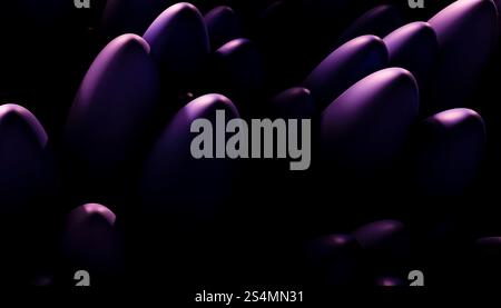 Ein 3D-Rendering mit mehreren glatten, ovalen Formen in dunklem Violett, vor einem schwarzen Hintergrund, der ihre Mystik und Eleganz unterstreicht. Stockfoto