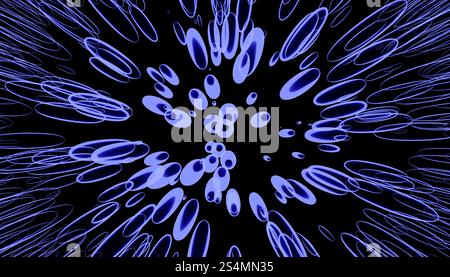 Ein lebendiges 3D-gerendertes Bild mit fließenden, abstrakten Formen in Blau- und Violetttönen auf schwarzem Hintergrund, ideal für modernes Grafikdesign. Stockfoto
