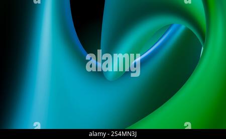 Eine faszinierende abstrakte Illustration mit glatten Wellen, die sich in Blau- und Grüntönen vor einem lebhaften grünlichen Hintergrund vermischen. Perfekt für Stockfoto