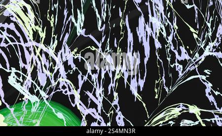 Ein dynamisches digitales Kunstwerk mit abstrakten, 3D-ähnlichen Lichtbändern in Violett-, Grün- und Weißtönen vor dunklem Hintergrund. Stockfoto