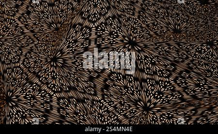 3D-gerenderter, abstrakter, digitaler Kunsthintergrund mit einem atemberaubenden goldenen Starburst-Design, das von mehreren Punkten vor einem dunklen Hintergrund ausstrahlt Stockfoto