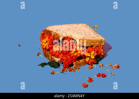 Ein skurriles Sandwich voller leuchtender roter und gelber Blumen vor einem auffälligen blauen Hintergrund, das Kreativität und die Mischung aus Natur zum Ausdruck bringt Stockfoto