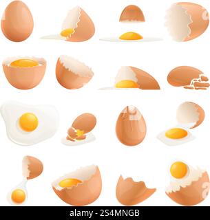 Eierschalensymbole festgelegt. Zeichentricksatz von Eierschalenvektorsymbolen für Webdesign. Eierschalen-Symbole gesetzt, Cartoon-Stil Stock Vektor