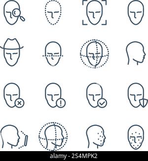 Symbole für Linien für die Gesichtserkennung. Biometrische Erkennung von Gesichtern, Gesichtsscannen und Piktogramme zum Entsperren von Systemvektoren. Gesichtsscan, biometrische Darstellung der Gesichtsidentifikation. Symbole für Linien für die Gesichtserkennung. Biometrische Erkennung von Gesichtern, Gesichtsscannen und Piktogramme zum Entsperren von Systemvektoren Stock Vektor