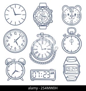 Kritzeluhr, Uhrenvektorsymbole. Handgezeichnete Zeitvektorsymbole isoliert. Uhr und Uhrzeit, Illustration der Weckzeichnung, Stoppuhr mit Doodle. Kritzeluhr, Uhrenvektorsymbole. Handgezeichnete Zeitvektorsymbole isoliert Stock Vektor