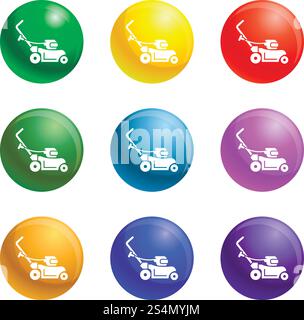 Drehrasenschneider Icons Vektor 9 Farbsatz isoliert auf weißem Hintergrund für jedes Web-Design. Symbole zum Festlegen des Vektors für Rotorrasenschneider Stock Vektor