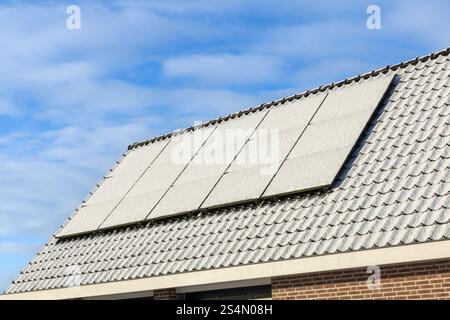 Utrecht, Niederlande. 19. Januar 2024. Private Sonnenkollektoren mit Schnee auf einem freistehenden Bungalow-Familienhaus auf dem Dach im Winter. Stockfoto