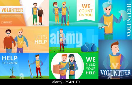 Modernes Banner-Set für Freiwilligenarbeit. Zeichentrickillustration des modernen freiwilligen Vektorbanner Set für Webdesign. Modernes Banner-Set für Freiwillige im Cartoon-Stil Stock Vektor