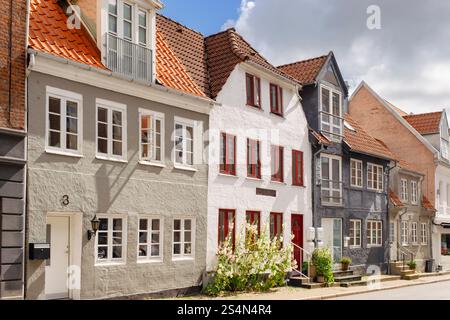 Typisch dänische Stadthäuser in einer Wohnstraße in Aalborg, Jütland, Dänemark, Skandinavien, Europa Stockfoto