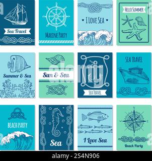 Designvorlage für Karten mit Marinesymbolen in Vektorveraltet. Nautische Illustrationen mit Platz für Ihren Text. Seefahrtskarte, Meer- und Sonnenbanner. Designvorlage für Karten mit Marinesymbolen in Vektorveraltet. Nautische Illustrationen mit Platz für Ihren Text Stock Vektor
